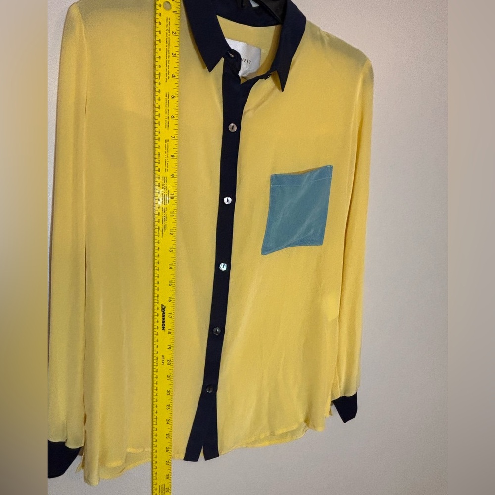 Amour Vert Yellow Color Button Down Blouse with Pocket 100% Silk Small S - Picture 8 of 8
